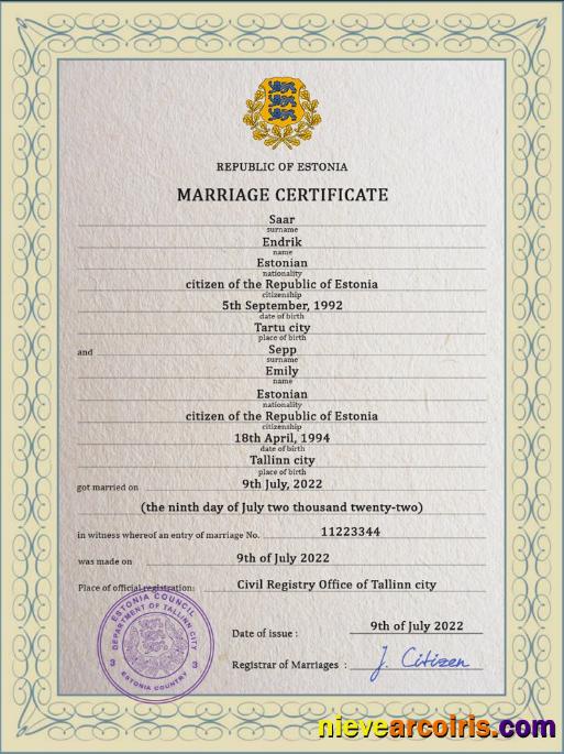 Estonia marriage certificate